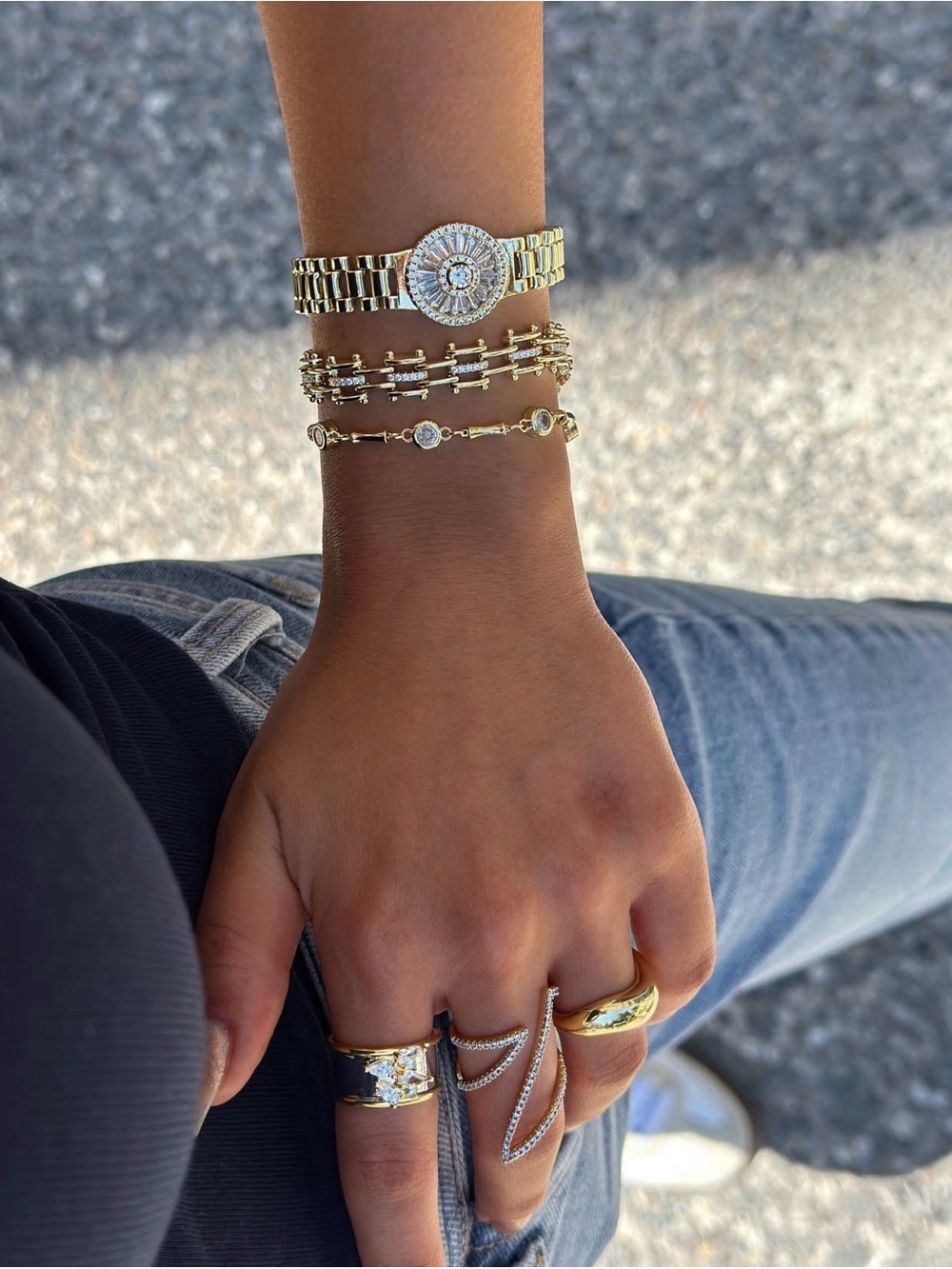 14K Gold Plated Rhodium Zircon Baguette Watch Style Adjustable Bracelet - Picture 3 of 4